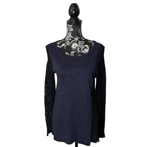 Pete Collection Top Long Sleeve Contrast Panels Lace Sleeves Navy Black Medium